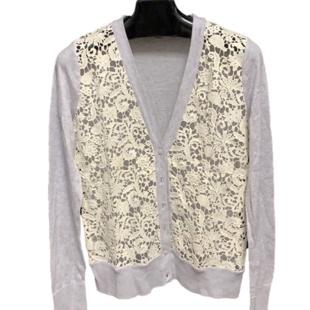 Loft cardigan with crochet front on gray sweater